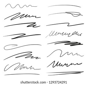 Infographic elements isolated on white. Set of different sketchy shapes and underlines elements. Array of lines. Stroke chaotic backdrops. Hand drawn patterns. Black and white illustration