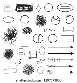 Infographic elements isolated on white. Set of different indicator signs. Sketchy elements. Hand drawn frames and arrows. Abstract frameworks. Line art. Black and white illustration