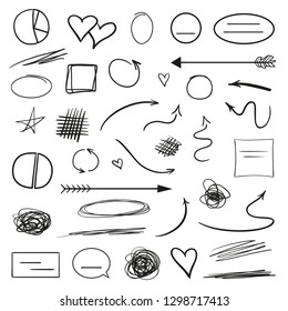 Infographic elements isolated on white. Set of different indicator signs. Sketchy elements. Hand drawn frames and arrows. Abstract frameworks. Line art. Black and white illustration