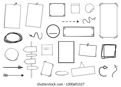 Infographic elements isolated on white. Set of different indicator signs. Sketchy elements. Hand drawn frames and arrows. Abstract frameworks. Line art. Black and white illustration