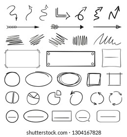 Infographic elements isolated on white. Set of different indicator signs. Sketchy elements. Hand drawn frames and arrows. Abstract frameworks. Line art. Black and white illustration