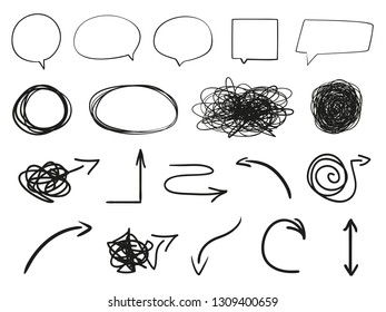Infographic elements isolated on white. Set of different indicator signs. Sketchy hand drawn frames and arrows. Abstract frameworks. Line art. Black and white illustration