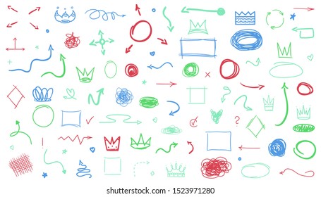 Infographic elements isolated on white. Set of different signs. Tangled hand drawn simple pointers. Abstract arrows. Symbols for work