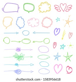 Infographic elements isolated on white. Speech bubbles. Abstract hearts and stars. Hand drawn set. Sketchy elements