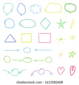 Infographic elements isolated on white. Speech bubbles. Abstract hearts and stars. Hand drawn set. Sketchy elements