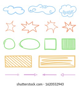 Infographic elements isolated on white. Colored geometric shapes. Abstract shapes and signs. Hand drawn set. Sketchy elements