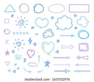 Infographic elements isolated on white. Multicolored hand drawn signs and symbols. Line art. Colorful illustration. Doodles for business