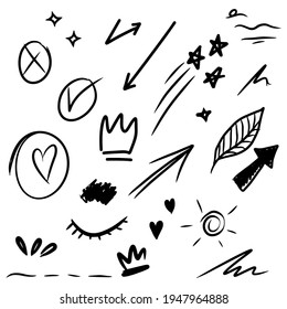 conjunto dibujado a mano de elementos de doodle abstractos con corona, estrella, giratoria, swoosh, garabato, flecha, énfasis de texto. aislado de fondo blanco. ilustración vectorial