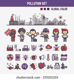 infographic elements for kids about pollution  including characters and icons