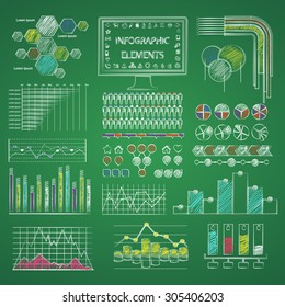 infographic elements library on green chalkboard. school or business collection