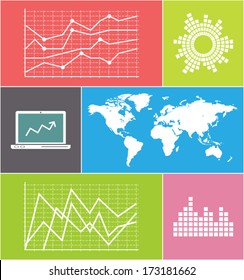 Infographic elements: map, diagrams and charts. Square background vector.