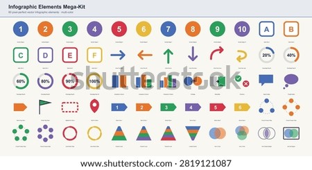 Infographic elements mega-kit featuring number badges, option boxes, arrow flows, percentage rings, comparison columns, callouts, banner steps, circular processes, pyramids and Venn diagrams.