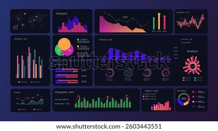  Infographic elements. Modern presentation with infographics, dashboard. Use in presentation templates, mobile app and corporate report. Vector illustration.