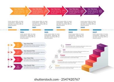 Elementos infográficos com várias etapas para apresentação comercial, pôster e banner.