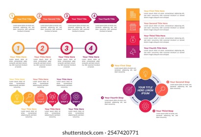 Elementos infográficos com várias etapas para apresentação comercial, pôster e banner.