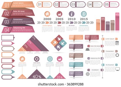 Infographic elements - objects for text and numbers or icons, timeline, process diagram, bar chart, percents graphs, vector eps10 illustration