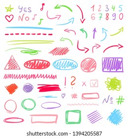 Infographic elements on isolated background. Hand drawn different symbols. Colorful illustration. Objects for artwork
