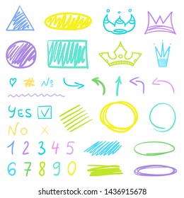 Infografische Elemente auf isoliertem Hintergrund. Handgezeichnete verschiedene Symbole. Farbige Illustration. Objekte für Kunstwerke