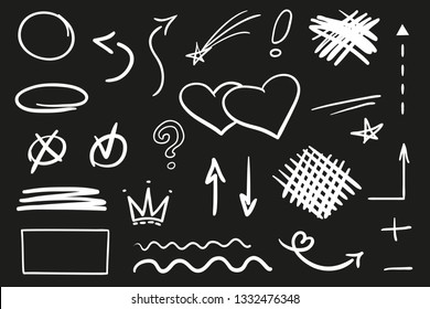 Infographic elements on isolated black background. Hand drawn simple shapes. Line art. Set of different signs. Black and white illustration. Sketchy doodles for work