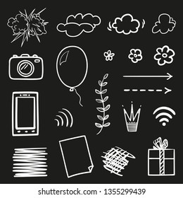 Infographic elements on isolated black background. Hand drawn simple shapes. Line art. Set of different signs. Black and white illustration. Sketchy doodles for work