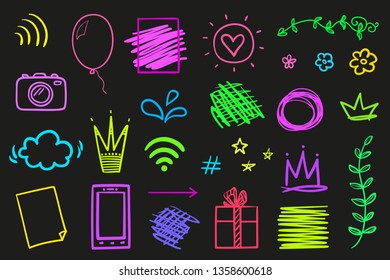 Infographic elements on isolated black background. Abstract multicolored signs. Hand drawn tangled patterns. Elements for design