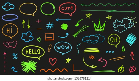 Infographic elements on isolated black background. Abstract multicolored signs. Hand drawn tangled patterns. Elements for design