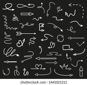 Infographic elements on isolated black background. Hand drawn wavy arrows. Line art. Set of different pointers. Abstract indicators. Black and white illustration