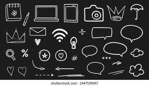 Infographic elements on isolated black background. Hand drawn signs. Line art. Set of different symbols. Black and white illustration