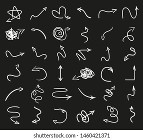 Infographic elements on isolated black background. Hand drawn wavy arrows. Line art. Set of different pointers. Abstract indicators. Black and white illustration
