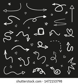 Infographic elements on isolated black background. Hand drawn wavy arrows. Line art. Set of different pointers. Abstract indicators. Black and white illustration