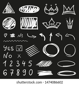 Infographic elements on isolated black background. Hand drawn simple signs. Line art. Abstract symbols. Black and white illustration
