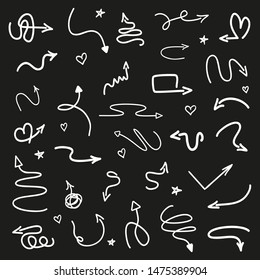 Infographic elements on isolated black background. Hand drawn wavy arrows. Set of different pointers. Black and white illustration