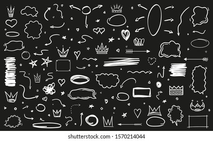 Infographic elements on isolated black background. Hand drawn simple arrows. Black and white illustration