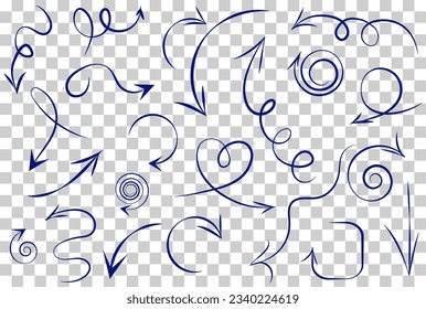 Infographic elements on isolated transparent background, simple arrows. Line art style. Set of different pointers and arrows. Black and white illustration. Doodles