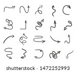 Infographic elements on isolated white background. Hand drawn wavy arrows. Set of different pointers. Abstract indicators. Black and white illustration