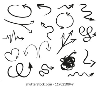 Infographic elements on isolated white background. Collection of arrows. Highlighters for design. Hand drawn simple pointers. Line art. Set of different signs. Abstract symbols. Doodles for work