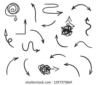 Infographic elements on isolated white background. Hand drawn simple arrows. Line art. Set of different pointers. Abstract indicators. Black and white illustration. Elements for posters and flyers