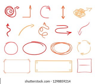 Infographic elements on isolated white background. Hand drawn tangled geometric shapes and arrows. Line art. Set of different pointers. Abstract indicators. Colored illustration. Sketchy elements
