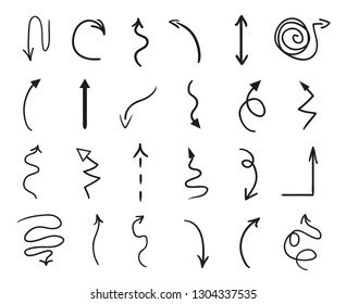 Infographic elements on isolated white background. Hand drawn simple arrows. Line art. Set of different pointers. Abstract indicators. Black and white illustration. Doodles for artwork