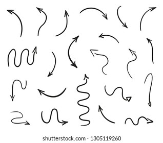 Infographic elements on isolated white background. Hand drawn simple arrows. Line art. Set of different pointers. Abstract indicators. Black and white illustration. Sketchy doodles for work
