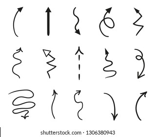 Infographic elements on isolated white background. Hand drawn simple arrows. Line art. Set of different pointers. Abstract indicators. Black and white illustration. Sketchy doodles for work