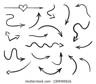 Infographic elements on isolated white background. Hand drawn simple arrows. Line art. Set of different pointers. Abstract indicators. Black and white illustration. Doodles for artwork