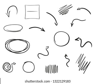 Infographic elements on isolated white background. Hand drawn simple arrows. Set of different geometric shapes. Abstract indicators. Black and white illustration