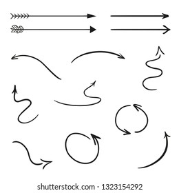 Infographic elements on isolated white background. Hand drawn simple arrows. Line art. Set of different pointers. Abstract indicators. Black and white illustration