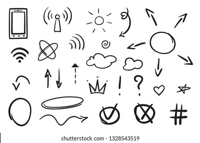 Infographic elements on isolated white background. Hand drawn simple arrows. Line art. Set of different signs. Abstract indicators. Black and white illustration. Sketchy doodles for work