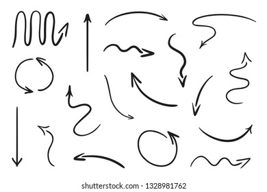 Infographic elements on isolated white background. Hand drawn simple arrows. Line art. Set of different pointers. Abstract indicators. Black and white illustration. Sketchy doodles for work