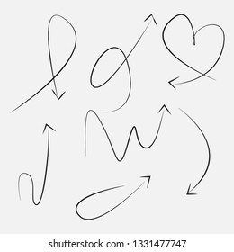 Infographic elements on isolated white background. Hand drawn simple arrows. Line art. Set of different pointers. Abstract indicators. Black and white illustration.