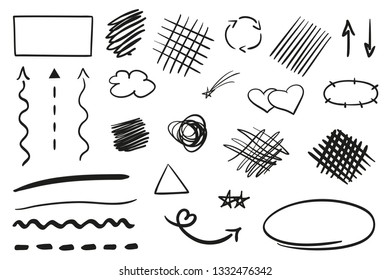 Infographic elements on isolated white background. Hand drawn simple shapes. Line art. Set of different signs. Black and white illustration. Sketchy doodles for work