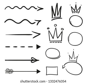 Infographic elements on isolated white background. Hand drawn simple arrows and crowns. Line art. Set of different shapes. Abstract indicators. Black and white illustration. Doodles for artwork