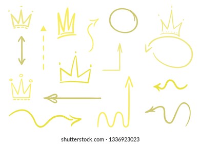 Infographic elements on isolated white background. Hand drawn colored pointers and crowns on white. Abstract arrows. Line art. Set of different signs. Colorful illustration
